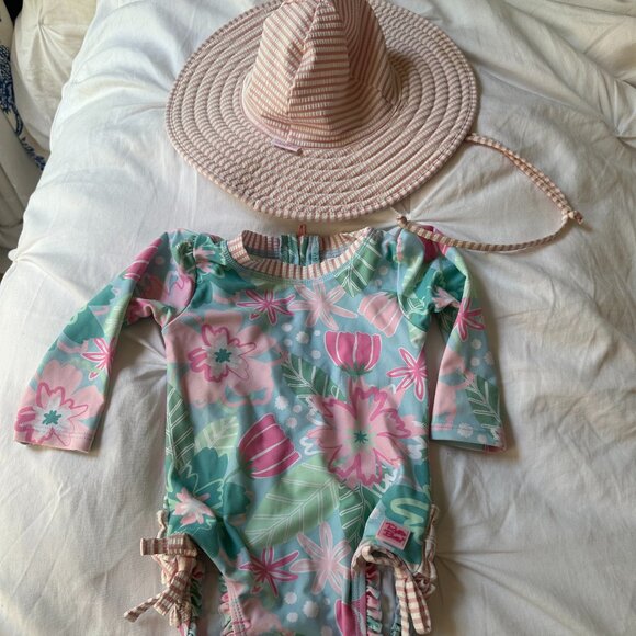 Rufflebutts Baby Floral Swimsuit & Seersucker Hat
